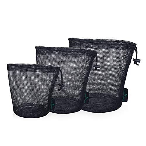 iBasingo Bolso de Malla Negro Saco de Nylon Bolsa de Red Duradera con Cordón Pequeño Saco de Viaje Bolsa de Malla de Almacenamiento Ditty para Cosméticos Geles de Ducha Olla Bola Herramientas 5 pcs