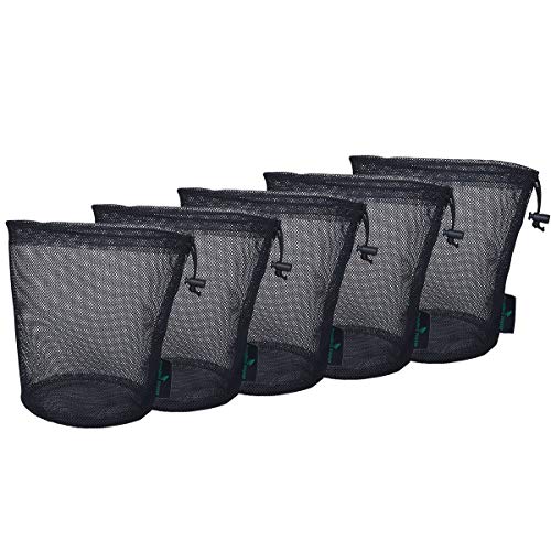 iBasingo Bolso de Malla Negro Saco de Nylon Bolsa de Red Duradera con Cordón Pequeño Saco de Viaje Bolsa de Malla de Almacenamiento Ditty para Cosméticos Geles de Ducha Olla Bola Herramientas 5 pcs