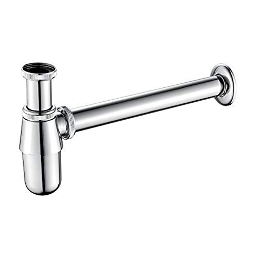 Ibergrif M20505 - Sifón para Lavabo, 1-1/4", Tubo Desague Metalico, 295 mm, Botella de Latón, Crome, Plata