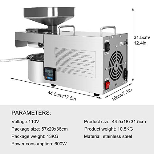 IDABAY Prensa de Aceite Eléctrica, Máquina de Prensa de Aceite de Oliva, con Pantalla Digital para Enseñar la Temperatura, de Acero Inoxidable Automática, Control de Temperatura Inteligente,600W