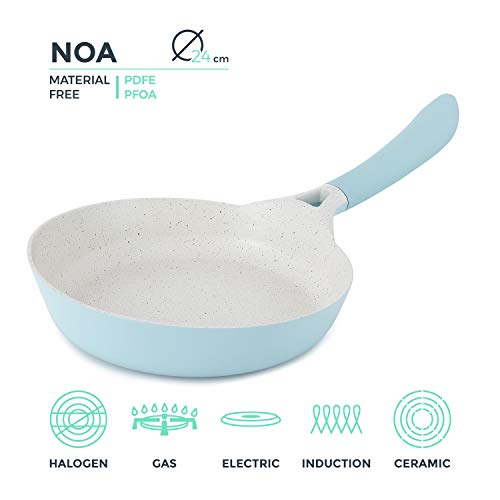 IKOHS Noa - Sartén de Aluminio de 24 cm, Recubrimiento Antiadherente, para Todo Tipos de Cocinas Incluido Inducción, Libres de PDFE y PFOA, Diseño Retro, Asa de Baquelita (Azul)