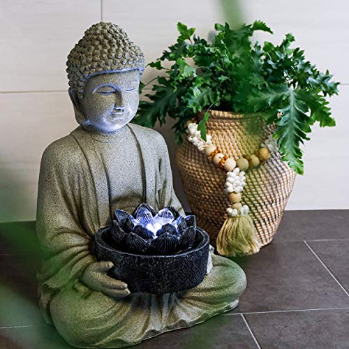 Iluminado Fuente de Habitación Buda Con LED Loto - Alta Calidad Réplica Poliresina - 37 x 26 X 50CM - IP44 Alimentación para el Interior Y - Zen Humidificador Aire Feng Shui, Esotec 101401