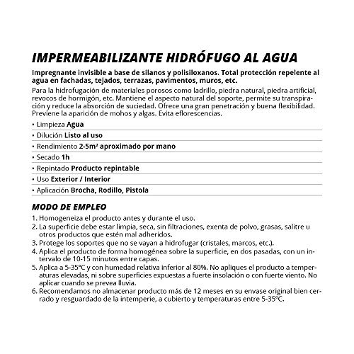 IMPERMEABILIZANTE HIDROFUGANTE TRANSPARENTE, invisible, total protección en suciedad de fachadas, cubiertas, baldosas, hormigon, terrazas, tejados. Repelente al agua. 1 Litros