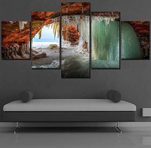 Impresiones en lienzo HD Tipo de obra de arte moderna y en la pared Decoración Un juego 5 piezas Pintura Cueva de invierno Agua de mar Congelar Imagen modular 200x100 cm