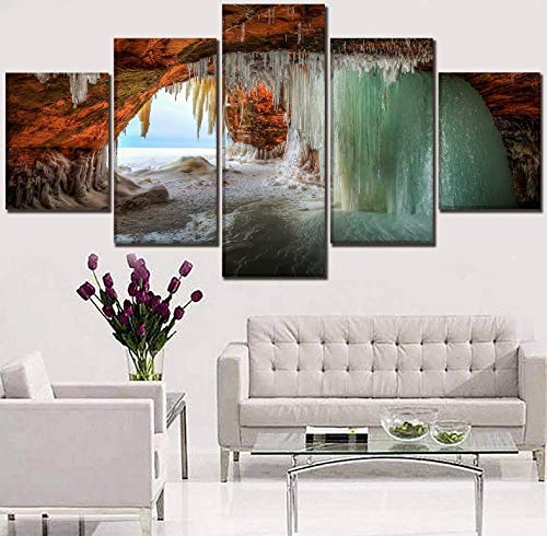 Impresiones en lienzo HD Tipo de obra de arte moderna y en la pared Decoración Un juego 5 piezas Pintura Cueva de invierno Agua de mar Congelar Imagen modular 200x100 cm