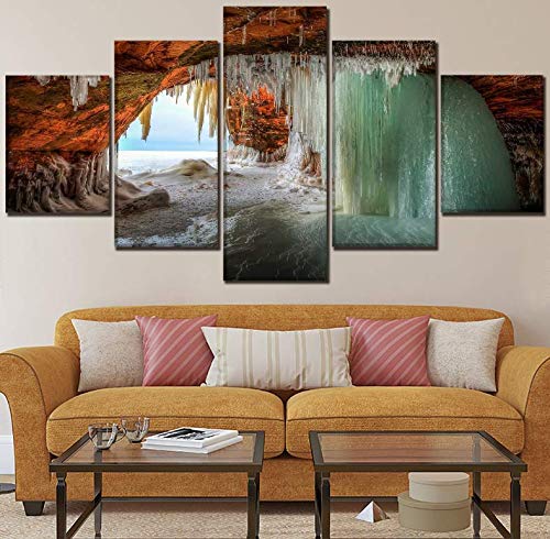 Impresiones en lienzo HD Tipo de obra de arte moderna y en la pared Decoración Un juego 5 piezas Pintura Cueva de invierno Agua de mar Congelar Imagen modular 200x100 cm