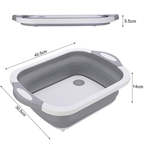 IMS Tabla de Cortar Portátil Tazón de Limpieza Cesta de Drenaje Plegable 3 en 1 Multifuncional Portátil Cesta para Exteriores Camping Picnic Fregadero Gris Canasta para Frutas Verduras Cocina