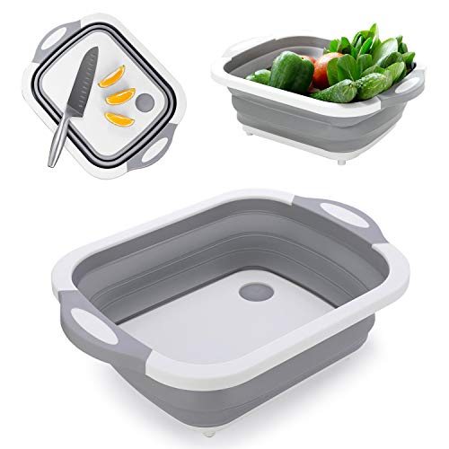 IMS Tabla de Cortar Portátil Tazón de Limpieza Cesta de Drenaje Plegable 3 en 1 Multifuncional Portátil Cesta para Exteriores Camping Picnic Fregadero Gris Canasta para Frutas Verduras Cocina