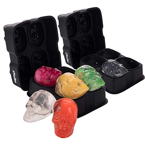 iNeibo cubiteras de hielo grandes de silicona con tapas para enfriar las bebidas whisky cócteles y coñac,silicona de grado alimenticio libre de BPA,3D calavera para fiesta Halloween,2 piezas