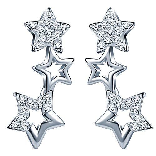 Infinite U - Pendientes de Plata de Ley 925 con Circonitas Cúbicas y Diseño de Pequeñas Estrellas a lo Largo de la Oreja, Color Plateado