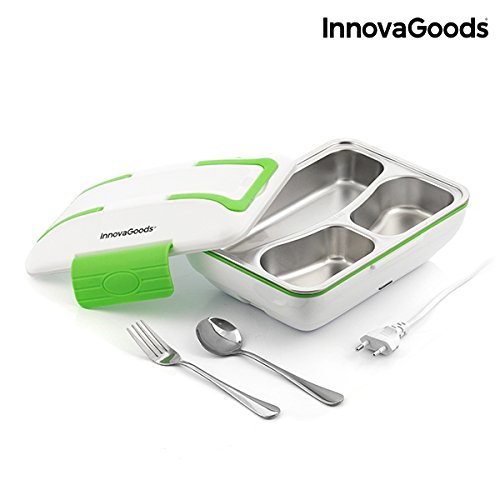 InnovaGoods Fiambrera Eléctrica Pro 50W, Acero Inoxidable, Blanco/Verde, 24 X 11 X 18 Cm