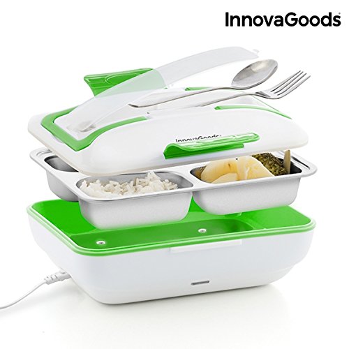 InnovaGoods Fiambrera Eléctrica Pro 50W, Acero Inoxidable, Blanco/Verde, 24 X 11 X 18 Cm