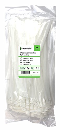 intervisio Bridas de Plastico para Cables Reutilizables / 200mm x 7,6mm / Blanco / 100 Piezas