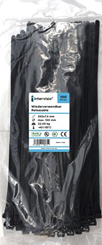 intervisio Bridas de Plastico para Cables Reutilizables / 350mm x 7,5mm / Negro / 100 Piezas