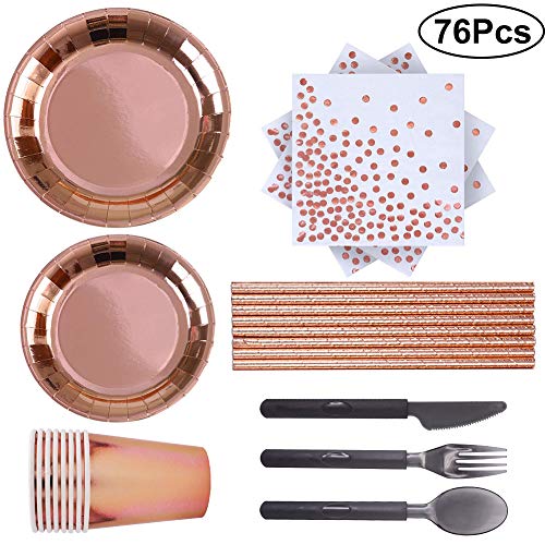 INTVN 76 Piezas Oro Rosa Suministros de Fiesta Fiesta vajilla Cuchillos y cucharas de Papel de Aluminio Platos servilletas Tazas pajitas para Bodas, Aniversario, cumpleaños para 8 Invitados