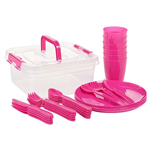 Invero - Juego de 93 piezas de plástico reutilizable para picnic, camping, incluye platos, cucharas, cuchillos, tenedores, tazas y caja de almacenamiento