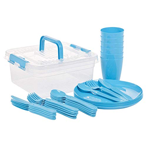 Invero - Juego de 93 piezas de plástico reutilizable para picnic, camping, incluye platos, cucharas, cuchillos, tenedores, tazas y caja de almacenamiento