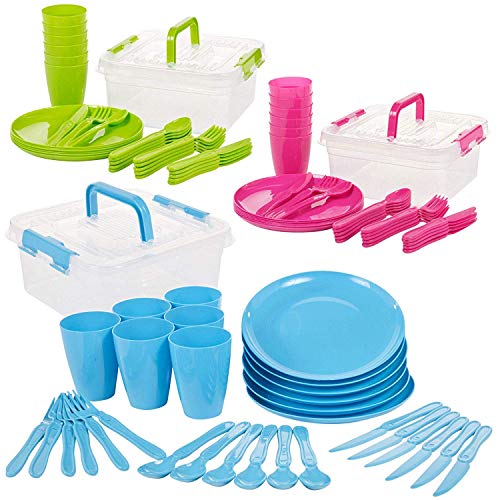 Invero - Juego de 93 piezas de plástico reutilizable para picnic, camping, incluye platos, cucharas, cuchillos, tenedores, tazas y caja de almacenamiento