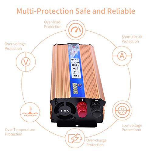 Inversor de Corriente1000 2000W,Lacyie Transformador 12V a 220V, Convertidor Onda Modificada para Coche, 2.1A Puerto USB,Pinza De Conexión A Batería