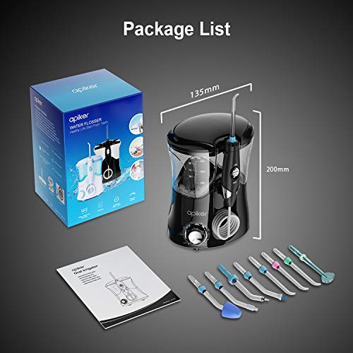 Irrigador Dental Professionale con 8 Boquillas Multifuncionales, Apiker Irrigador Bucal con Capacidad de 600ml, 10 Ajustes de Presión del agua, Limpieza Dientes,Aprobado por la FDA