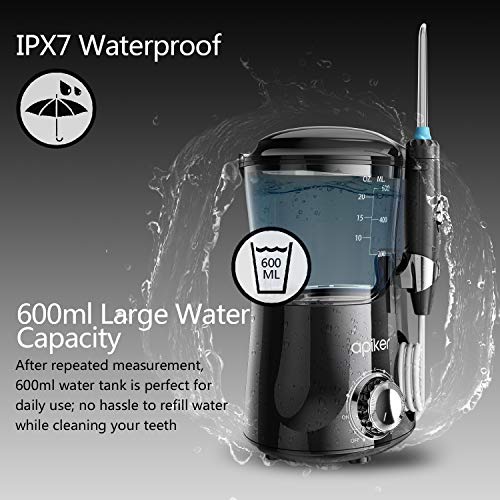 Irrigador Dental Professionale con 8 Boquillas Multifuncionales, Apiker Irrigador Bucal con Capacidad de 600ml, 10 Ajustes de Presión del agua, Limpieza Dientes,Aprobado por la FDA