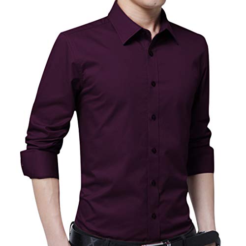 Irypulse Camisa de Hombres Corte Cuello Camisa de Planchado sin Arrugas Manga Larga clásico Slim Fit Seda de algodón Elástica Casual Formal Negocio para Hombre-Vino Rojo, 3XL