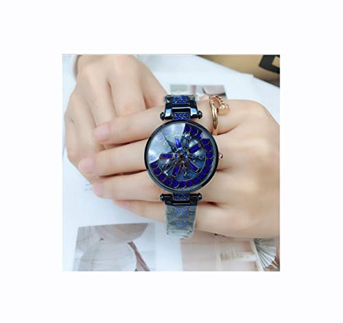 Isa Reloj para Mujer, Correa de Acero Inoxidable, patrón de Copo de Nieve, 30M Impermeable, Reloj de Pulsera para Mujer con Esfera de Vidrio,Blue