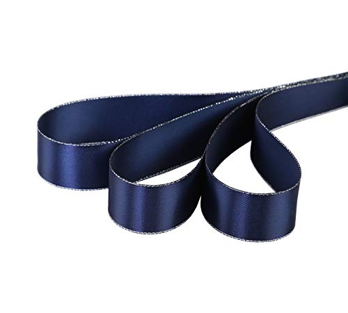 ITIsparkle - Cinta de raso de doble cara (25 mm x 25 m), color negro, azul marino, 25mm Width Satin with Silver Edges