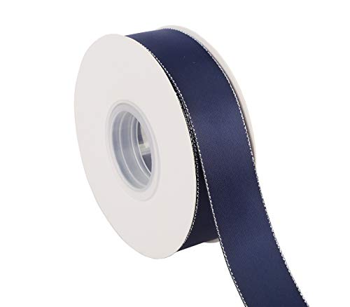 ITIsparkle - Cinta de raso de doble cara (25 mm x 25 m), color negro, azul marino, 25mm Width Satin with Silver Edges