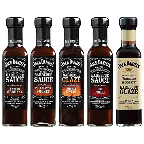 Jack Daniel's - Paquete de prueba BBQ Sauces & BBQ Glaze - 5 botellas en un set (1330g) - Smooth Original, Full Flavor Smokey, Smokey Sweet, Hot Chilli, Tennessee Honey