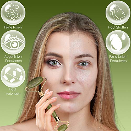 Jade Roll, Gua Sha Jade Roller Masajeador auténtico, Masaje facial antienvejecedor con rodillo natural, Antiarrugas Antienvejecimiento para ojos, cara y cuello, Masaje con piedras faciales