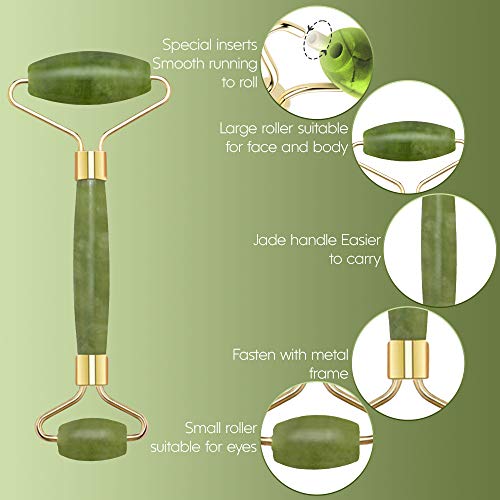 Jade Roll, Gua Sha Jade Roller Masajeador auténtico, Masaje facial antienvejecedor con rodillo natural, Antiarrugas Antienvejecimiento para ojos, cara y cuello, Masaje con piedras faciales