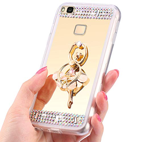 JAWSEU Funda Brillante Compatible con Huawei P9 Lite Bling Cubierta, Bonita Brillo Glitter Ballet y Diamantes Espejo Diseño Suave Fina Silicona TPU Gel Goma Carcasa con Anillo Soporte,Oro