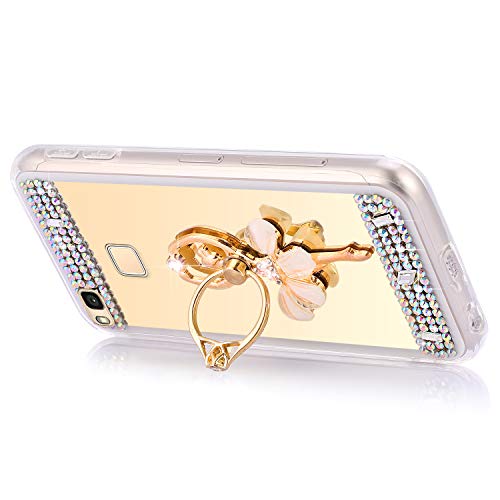 JAWSEU Funda Brillante Compatible con Huawei P9 Lite Bling Cubierta, Bonita Brillo Glitter Ballet y Diamantes Espejo Diseño Suave Fina Silicona TPU Gel Goma Carcasa con Anillo Soporte,Oro