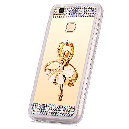 JAWSEU Funda Brillante Compatible con Huawei P9 Lite Bling Cubierta, Bonita Brillo Glitter Ballet y Diamantes Espejo Diseño Suave Fina Silicona TPU Gel Goma Carcasa con Anillo Soporte,Oro