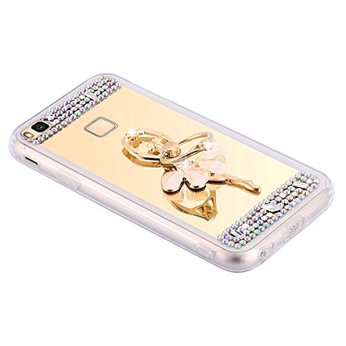 JAWSEU Funda Brillante Compatible con Huawei P9 Lite Bling Cubierta, Bonita Brillo Glitter Ballet y Diamantes Espejo Diseño Suave Fina Silicona TPU Gel Goma Carcasa con Anillo Soporte,Oro