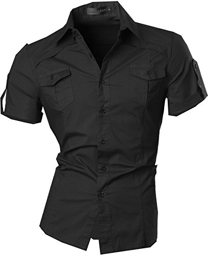 jeansian Camisa De Hombre De Manga Corta Moda Men Fashion Slim Fit Casual Short Sleeves Shirts 8360 Black M