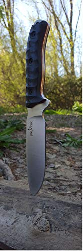 JEO-TEC Nº15 Cuchillo Supervivencia Caza Monte bushcraft Camping Outdoor Campo - Funda de Piel con pedernal y Piedra afilar incluidos - Acero BÖHLER N690C - Fabricado en España