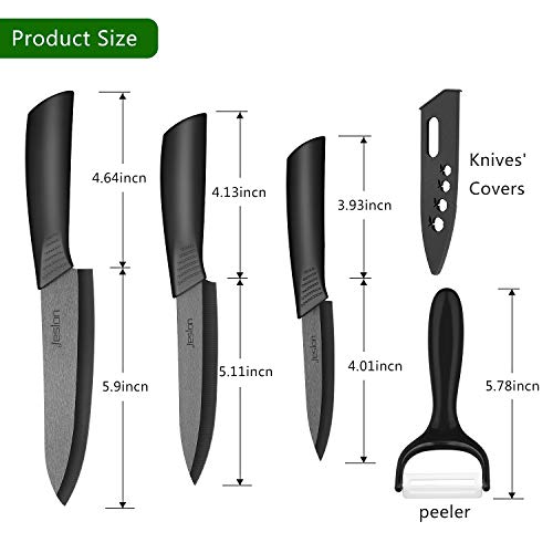 Jeslon Cuchillos de Cerámica, 3pcs Cuchillos Chef (6"Chef Cuchillo, 5'' Utilidad Cortar, 4'' Cuchillo de Fruta y 1 Pelador) Cuchillos de Chef para Cortar Carne de Verduras de Fruta