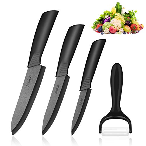 Jeslon Cuchillos de Cerámica, 3pcs Cuchillos Chef (6"Chef Cuchillo, 5'' Utilidad Cortar, 4'' Cuchillo de Fruta y 1 Pelador) Cuchillos de Chef para Cortar Carne de Verduras de Fruta