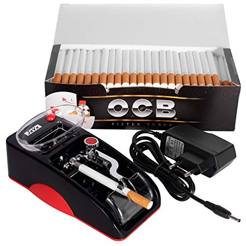 JeVx Maquina Liadora de Tabaco + 200 Tubos con Filtro OCB - Entubador Electrico para LLenado de Cigarros Entubar Cigarrillos de Fumar Entubadora Electrica para Liar