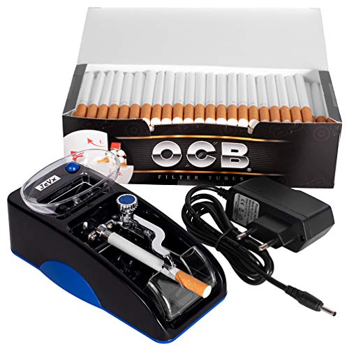 JeVx Maquina Liadora de Tabaco + 200 Tubos con Filtro OCB - Entubador Electrico para LLenado de Cigarros Entubar Cigarrillos de Fumar Entubadora Electrica para Liar (Azul)