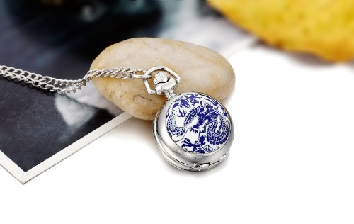 JewelryWe - Reloj colgante de bolsillo para hombre con tapa de porcelana y diseños de dragón, con números arábigos y bolsa de regalo.