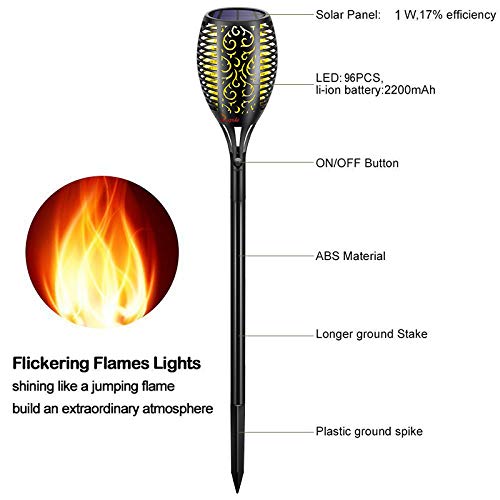 JIAYIDA Luces Jardin Solares Llama Solar Luces Efecto de Llama Realista Antorchas Solares Luces Outdoor Luz,IP65 Impermeable, Césped, Camino, Porche (2 Piezas) [Clase de eficiencia energética A]