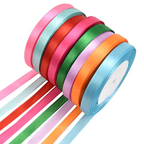 Jinlaili Cinta de Raso, Cinta de Tela, 8 Rollos Cinta de Satén Colores, 10mm de Ancho, Cintas de Colores para Manualidades/Regalos/Embalaje de Regalos/Decoración de Fiestas/Bodas (22M / Rollo)