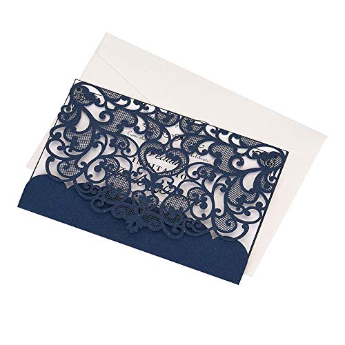 JinSu 10PCs Azul Marino Tarjetas de Boda, Corte con Laser Invitaciones Boda con Papel Imprimible y Sobres, Tarjeta Aniversario Boda, Fiestas de Ducha y más