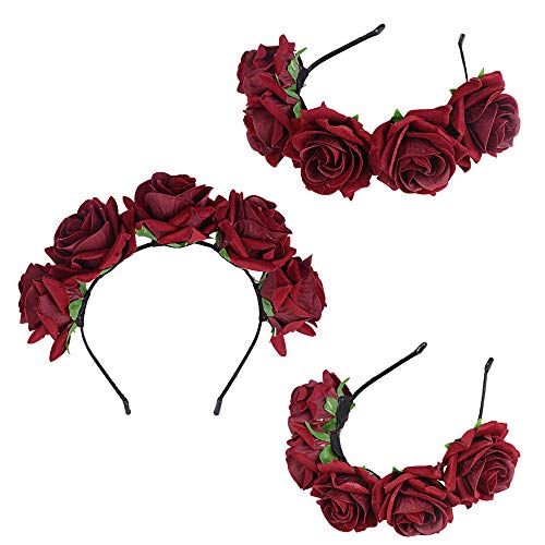 JNCH Kit de Diadema de Flores - 1pcs Corona Flores Diadema de Pelo + 2pcs Peinetas de Pelo Tiara Flores Rojas para Mujer Chica Bailarina de Flamenco Novia Nupcial Boda Comunión Fiesta Forma de Rosa