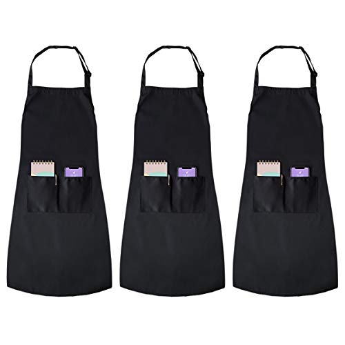 joeji's Kitchen Paquete de 3 Delantales Negros - Correa Ajustable y Delantal Cocina De Chef Resistente al Agua con 2 Bolsillos para Hombres y Mujeres, Delantales de Cocina Hogar