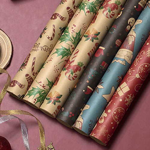 Jolintek Navidad Papel Kraft Papel de Regalo, 6 Hojas Papel para Envolver Regalos Diseño de Papel Kraft con 2 Rollo Cinta de Organza, Papel Embalar para Navidad, Cumpleaños, Fiesta, 70x50cm