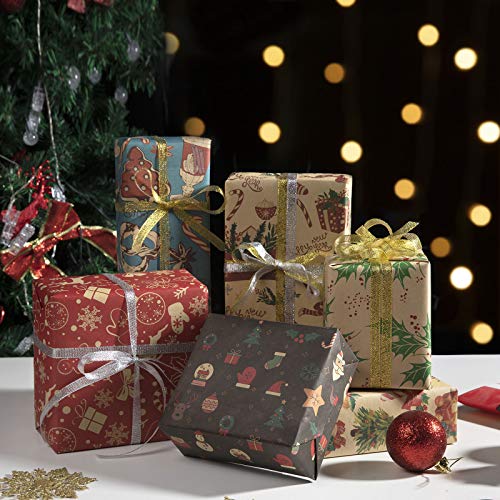 Jolintek Navidad Papel Kraft Papel de Regalo, 6 Hojas Papel para Envolver Regalos Diseño de Papel Kraft con 2 Rollo Cinta de Organza, Papel Embalar para Navidad, Cumpleaños, Fiesta, 70x50cm